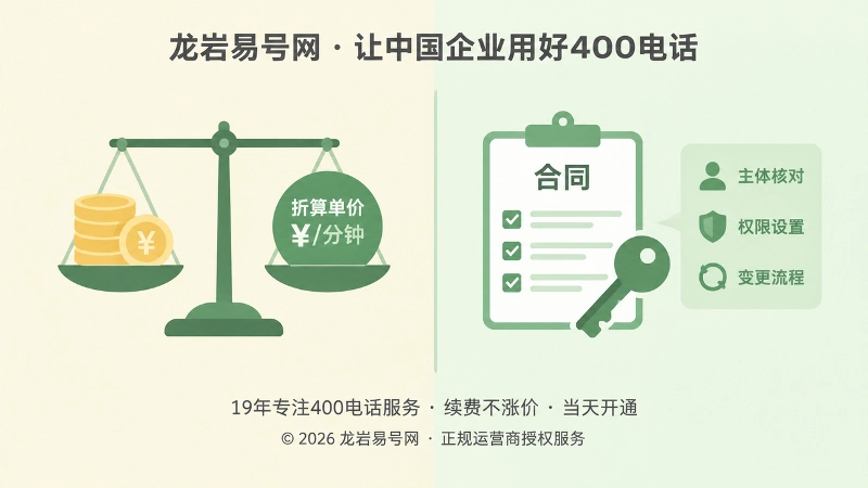 左右对比插画，一侧是折算单价天平，另一侧是合同与权限清单